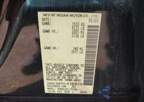 2015 Nissan Altima 2.5/2.5 S/2.5 Sl/2.5 Sv z USA, uszkodzony, nr VIN 1N4AL3AP5FC436820